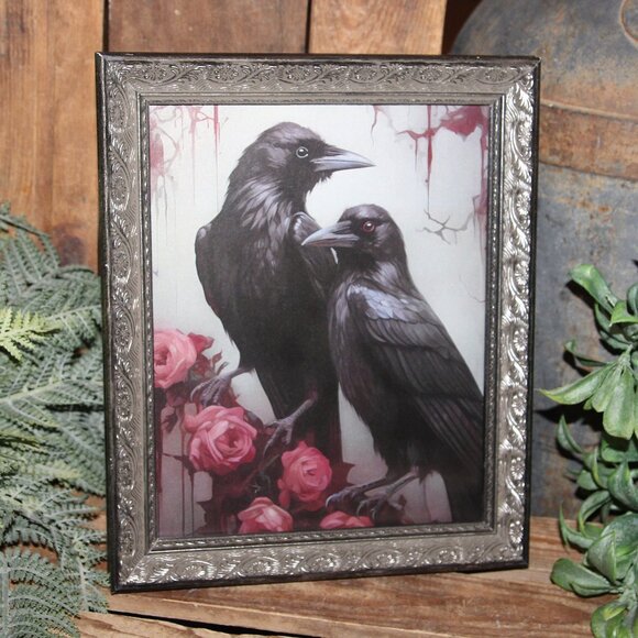 Ornate Dark Moody Gothic Farmhouse Framed Black Ravens & Roses Picture - Picture 1 of 3